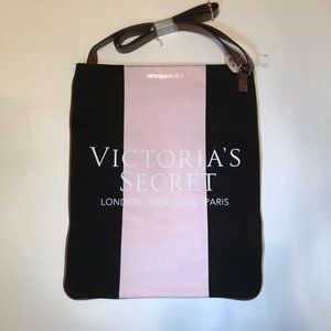 Victoria's Secret Canvas Crossbody Tote Market Bag Black and Pink Brown Strap